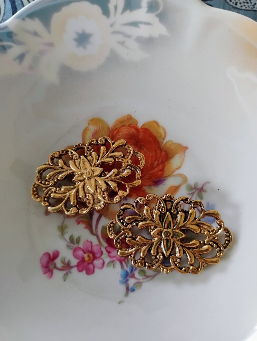Vintage Earrings, Golden Ornate Floral Filigree Clip On